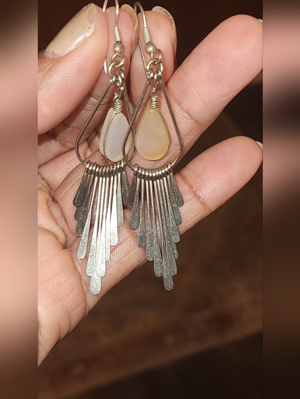 Boho Teardrop Silver Tone Dangle Earrings with Peach Quartz Stone. 3in